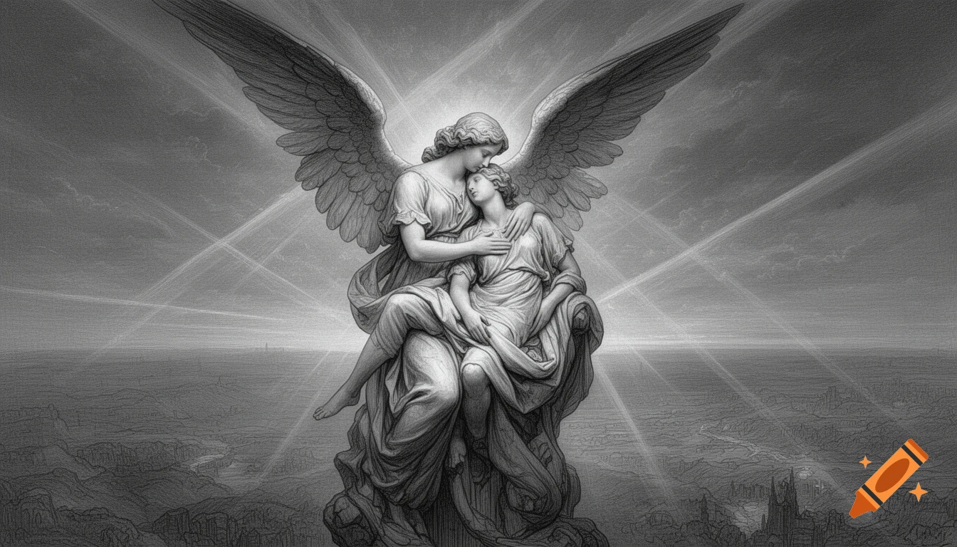 Black and white engraving of two winged angelic figures embracing, one kissing the other's forehead, against a radiant sky and a vast landscape below.