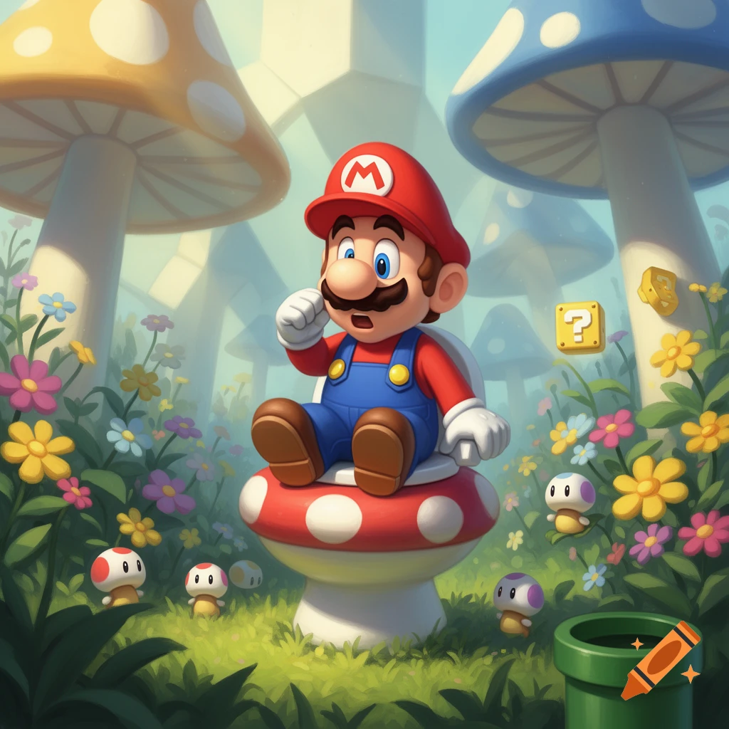 Mario sits on a red mushroom in a whimsical mushroom kingdom surrounded by large mushrooms, flowers, and question block cubes.