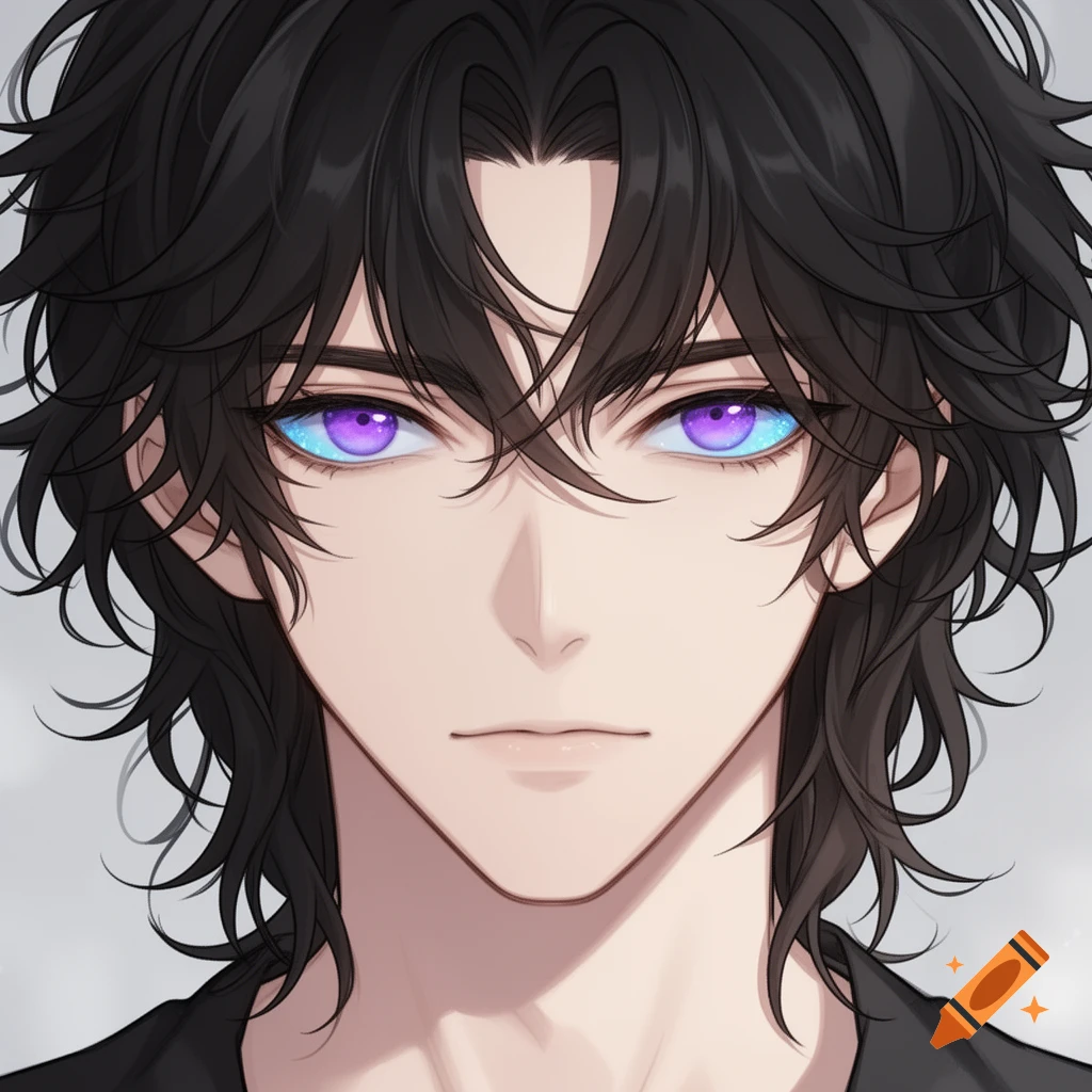 A close-up anime-style portrait of a young man with messy black hair ...