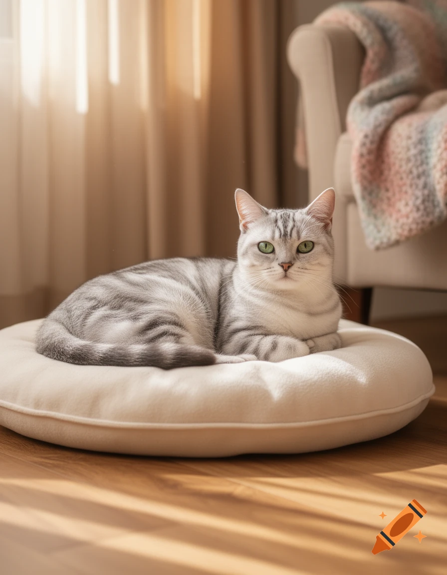 A silver tabby cat with green eyes rests on a round white cushion in a ...