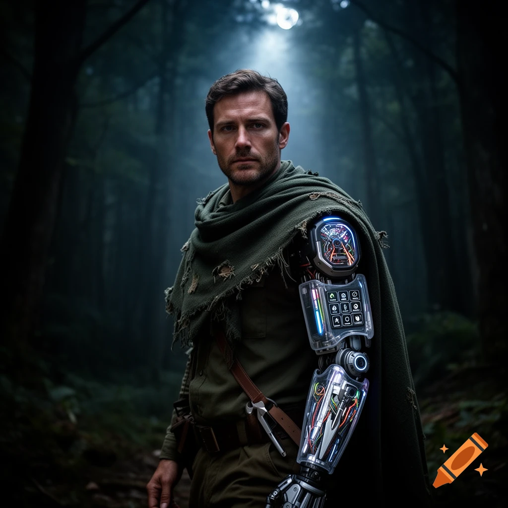A man with a detailed cybernetic arm and a green cloak stands in a dark, misty forest.