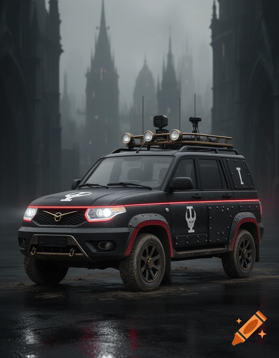 A dark, armored SUV with red accents and stylized 'I' and skull symbols, parked on a wet street in front of a foggy gothic city, in a realistic concept art style.