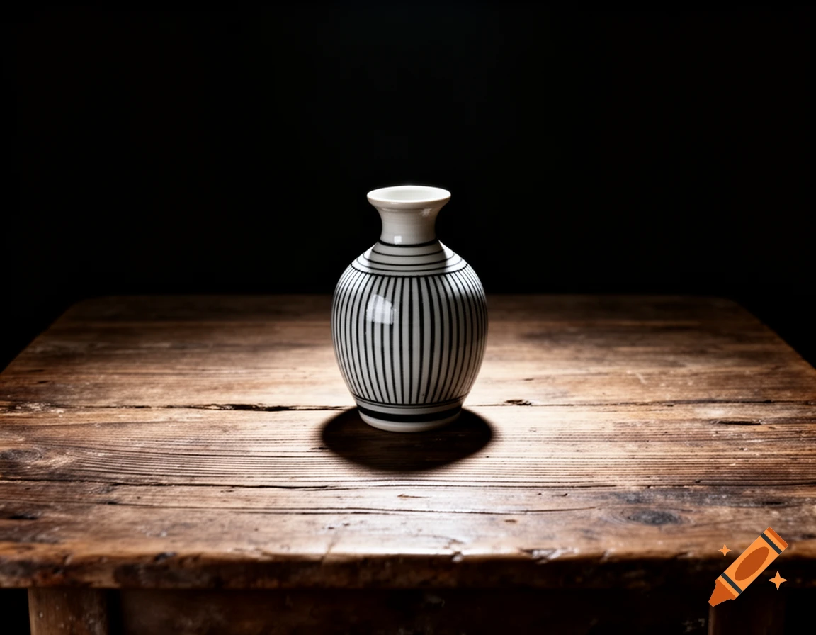 A white pottery vase with black vertical stripes sits on an old, rustic wooden table, lit by a single light source against a dark background.