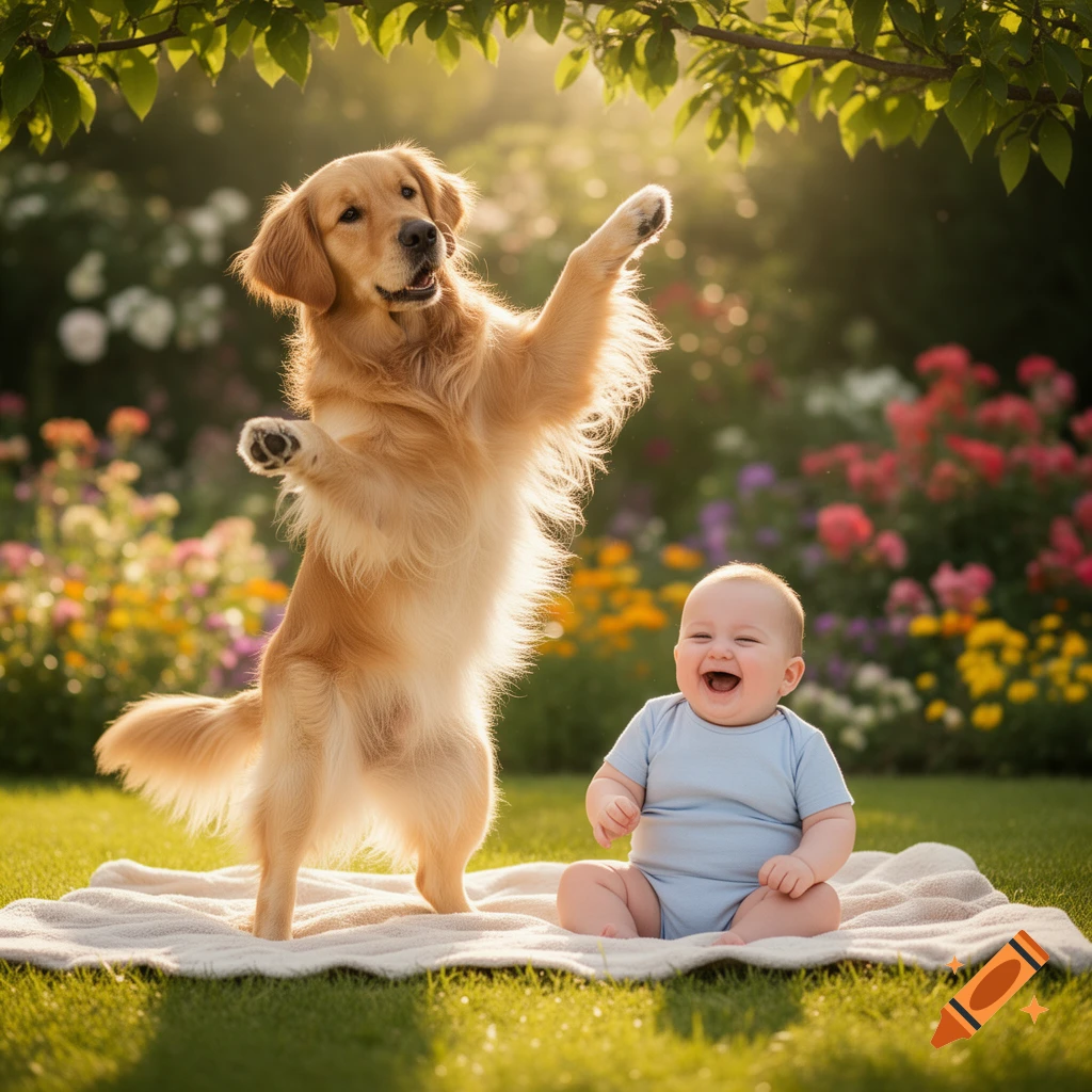 A golden retriever stands on its hind legs next to a laughing baby sitting on a blanket in a sunny garden.