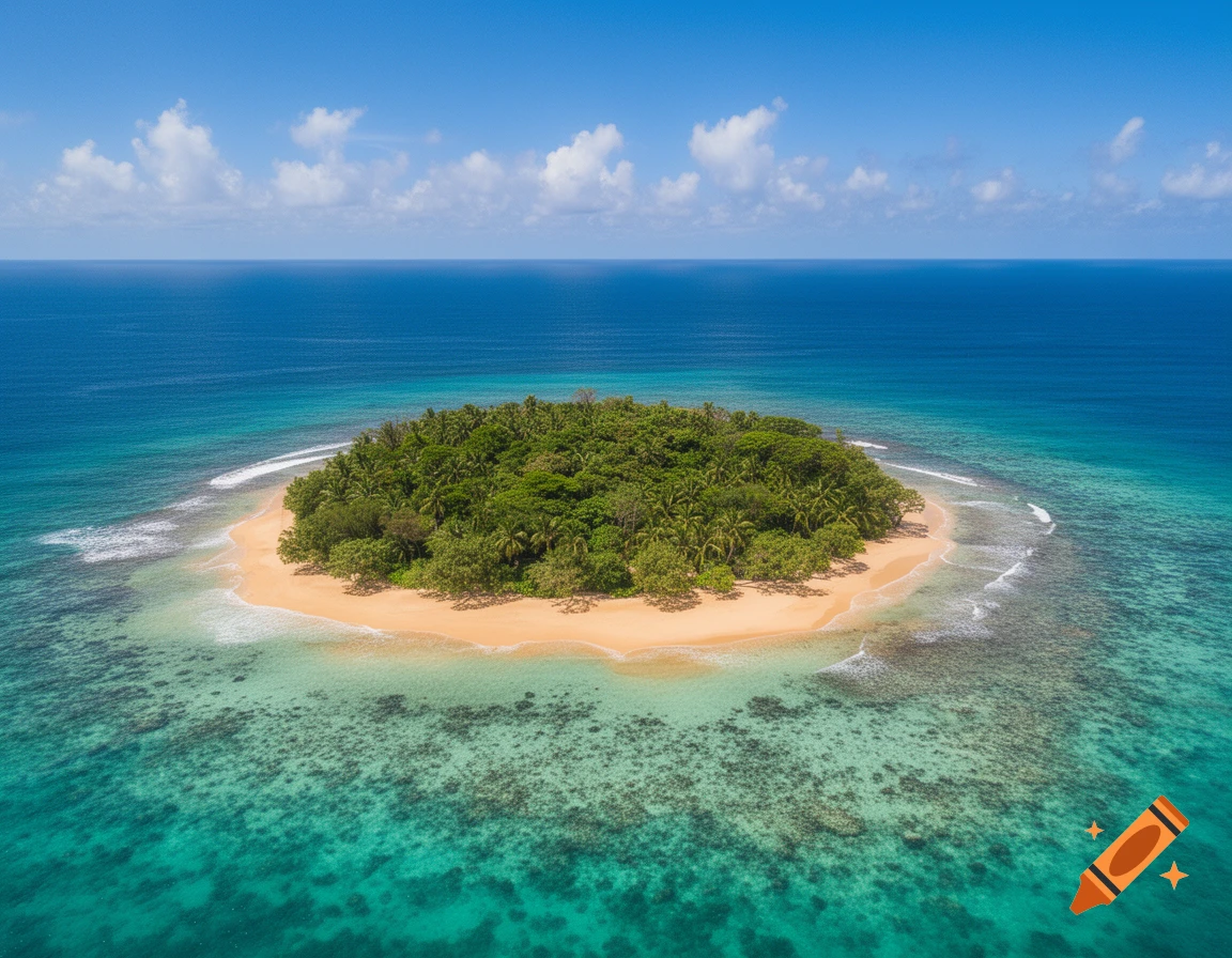 Aerial view of a small, lush tropical island with a sandy beach surrounded by clear turquoise and deep blue ocean under a bright sky.