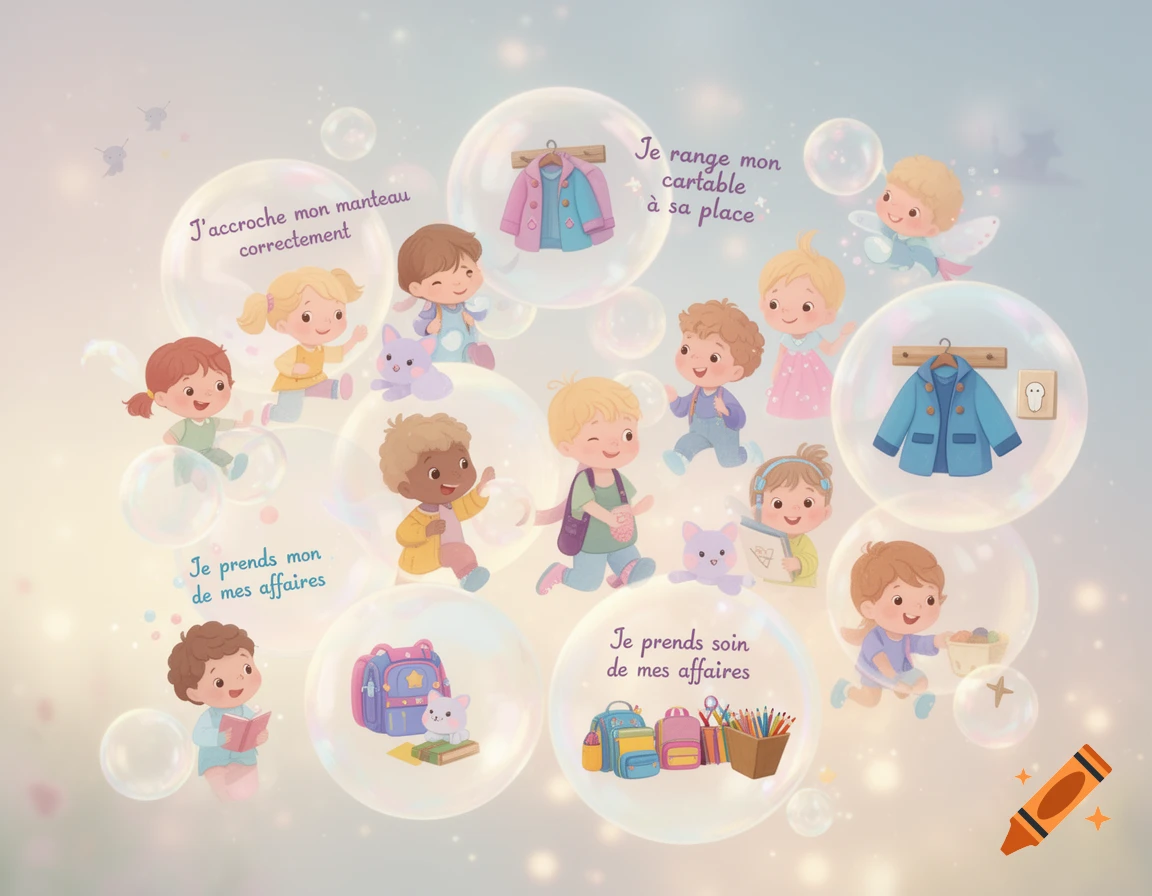 An illustration of cartoon children and objects inside soft bubbles, with French text about good habits.