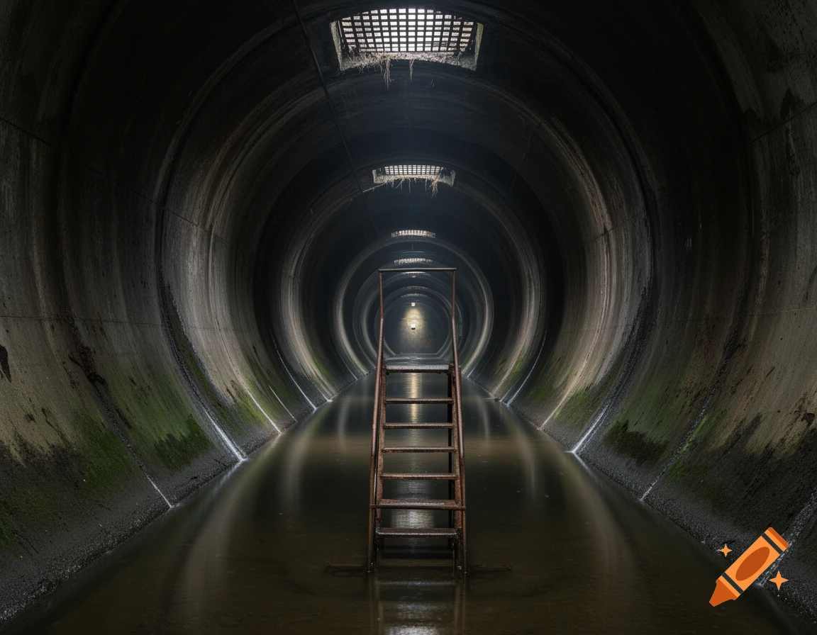 A long, dark concrete sewer tunnel with standing water, a rusty metal ladder, and light filtering from grates above.