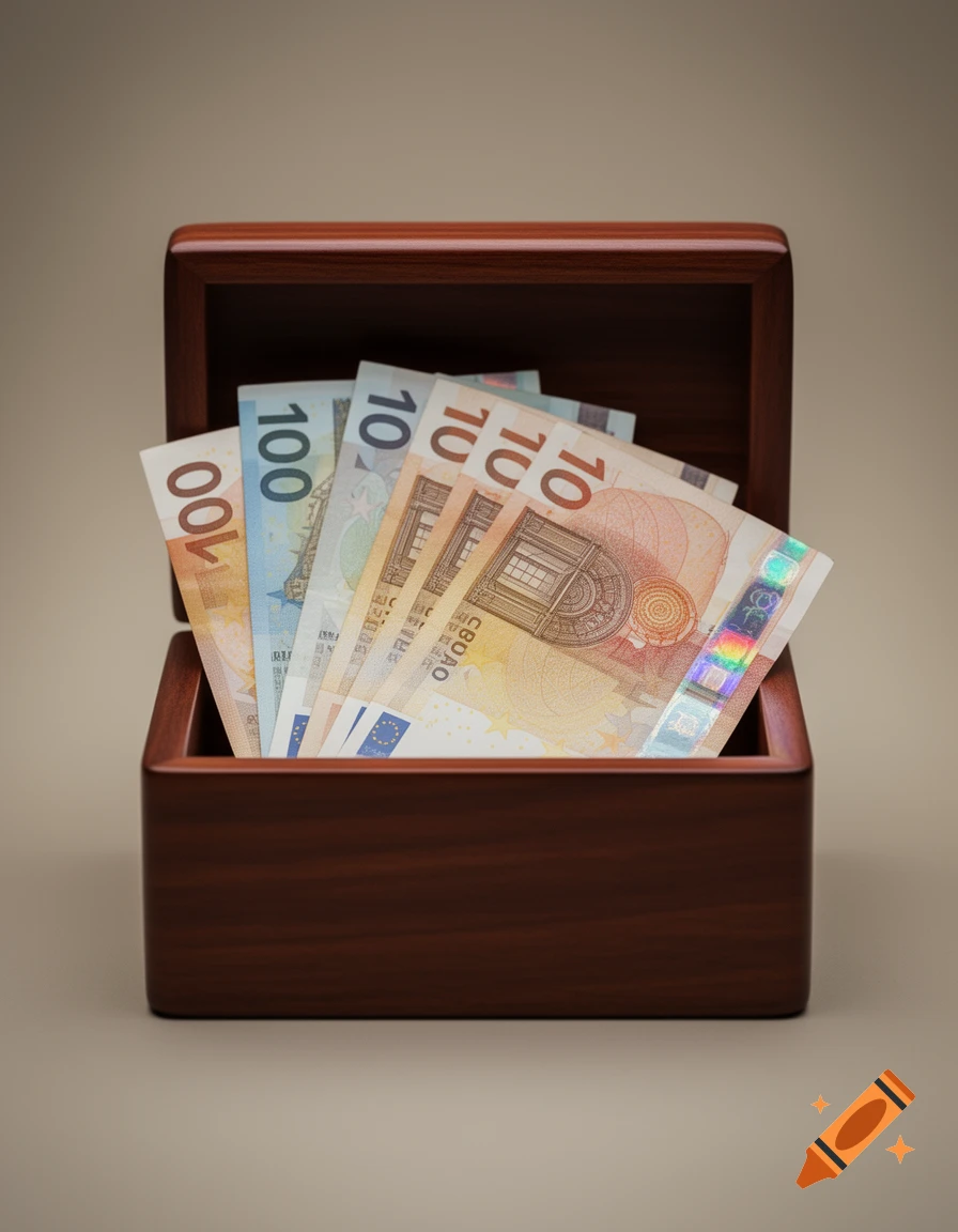 An open brown wooden box filled with various Euro banknotes, including 100 and 10 Euro denominations, in a realistic style.