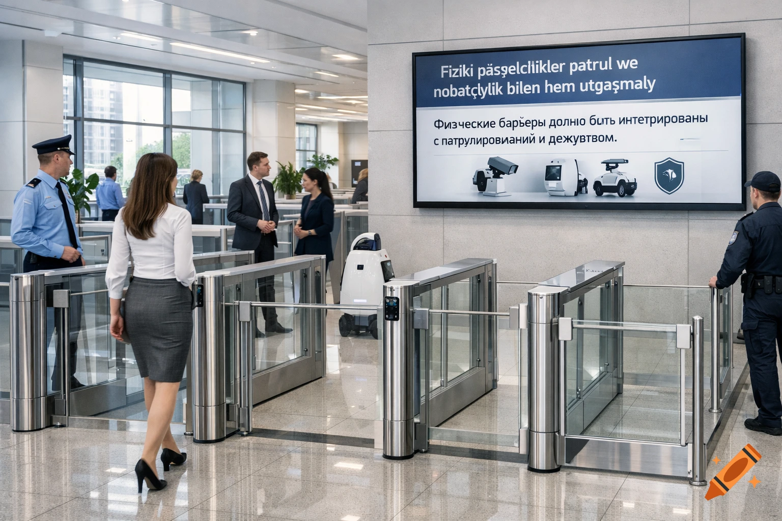 A corporate lobby with security turnstiles, guards, a woman walking through, and a screen displaying security information and robotic devices.