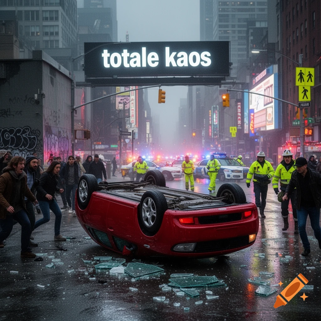 Photorealistic image of an overturned red car in a rain-slicked city street, with police and people, under a sign reading 'totale kaos'.