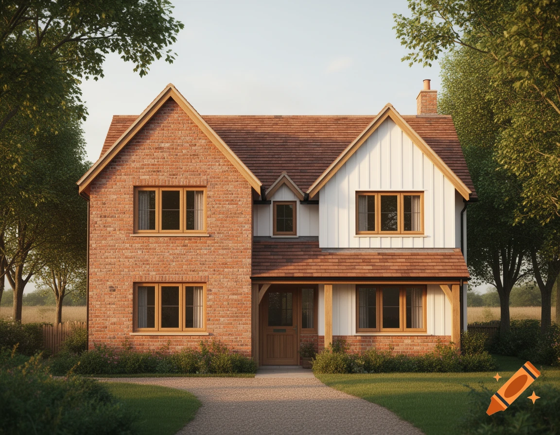 A charming two-story country house with mixed red brick and white siding, a brown roof, and a gravel driveway, surrounded by green trees.