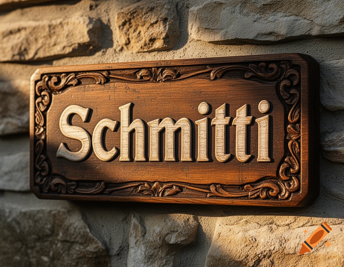Close-up of a carved wooden sign with the name 'Schmitti' mounted on a stone wall, lit by warm sunlight.