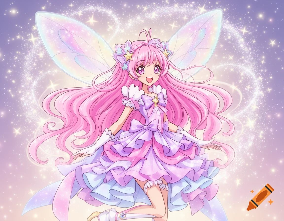 A smiling anime magical girl with long pink hair, a frilly dress, iridescent wings, and sparkling effects against a soft purple background.
