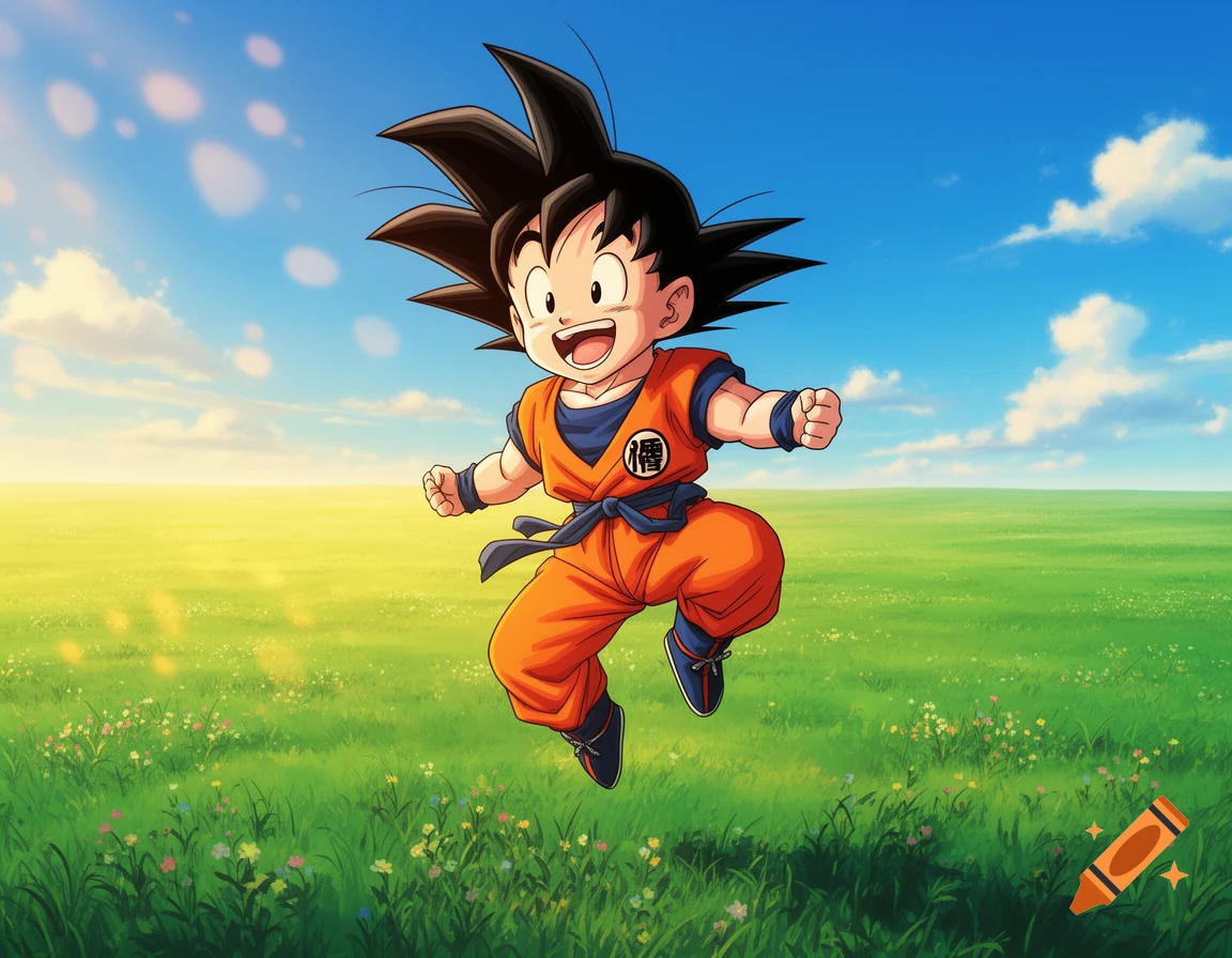 Anime drawing of young Goku in an orange gi happily jumping in a bright green field under a blue sky.