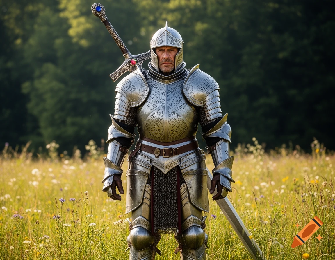 A proud paladin in shining full plate armor, with a greatsword strapped to his back, stands in a vibrant grassy field with wildflowers and a forest in the background.