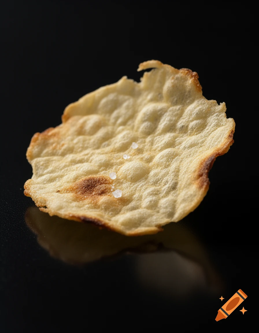 A close-up of a rustic, irregularly shaped, golden-brown cracker or chip with salt crystals on a reflective black surface.