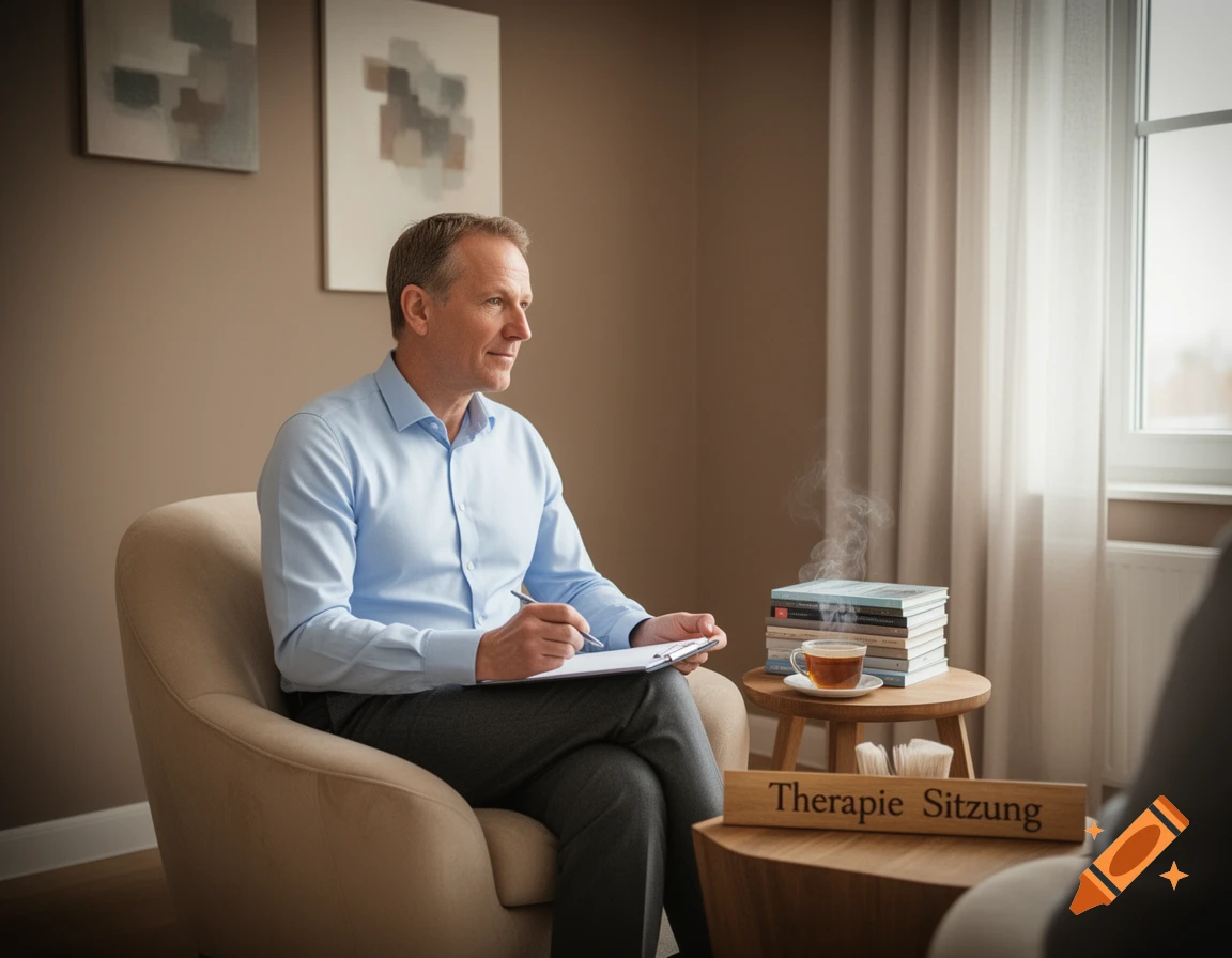 A male therapist sits in a beige armchair, holding a clipboard and pen in a modern office with a 'Therapie Sitzung' sign.