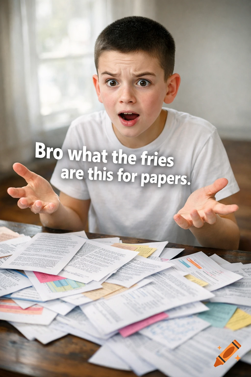 A young boy with a shocked expression sits at a table covered in papers, with the text 'Bro what the fries are this for papers' overlaid.