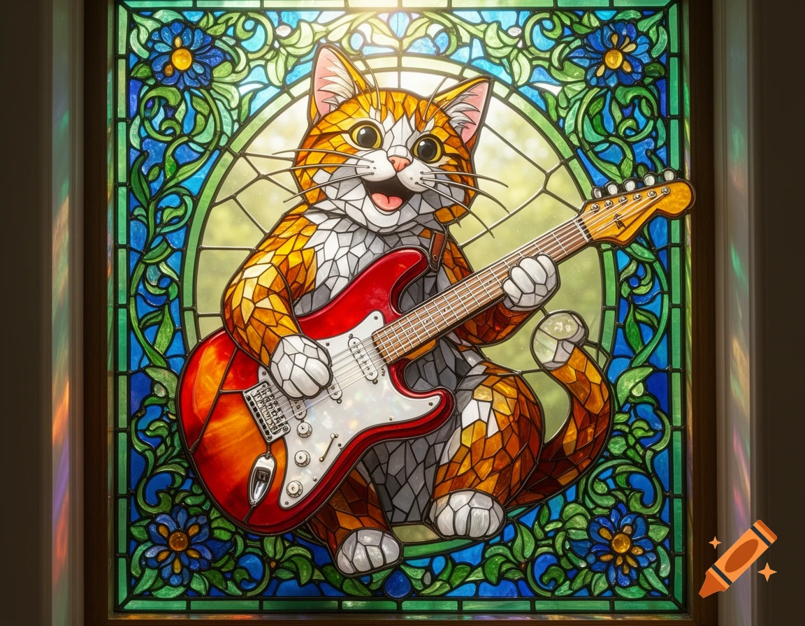 A colorful stained glass window features an orange and white cat enthusiastically playing a red electric guitar.