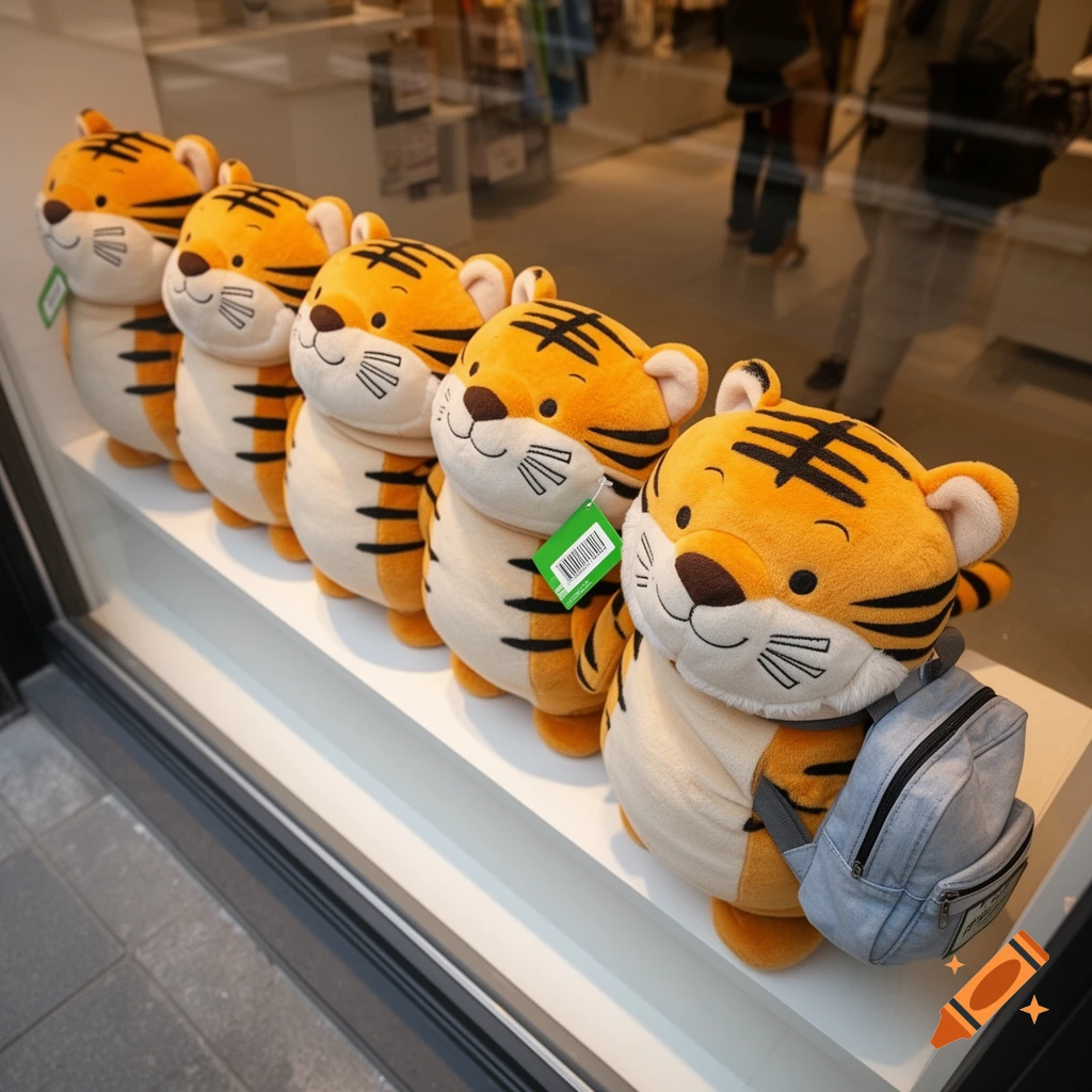 A row of cute tiger plush toys, one wearing a small backpack and another with a green price tag, displayed in a storefront window.