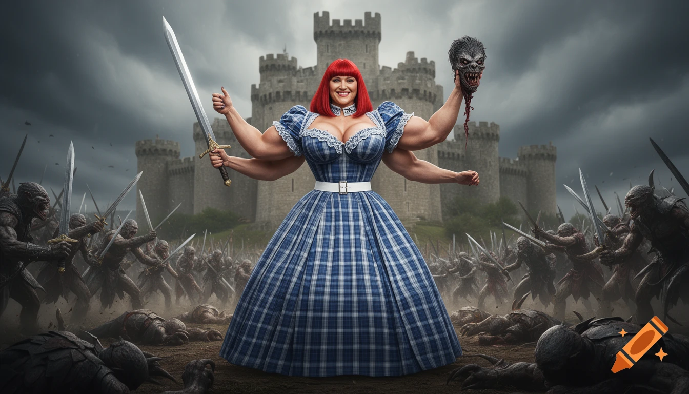 A smiling, red-haired, muscular woman with four arms, dressed in a blue plaid gown, wields a sword and holds a severed monster head, standing before a castle with an army of attacking monsters and defeated foes.