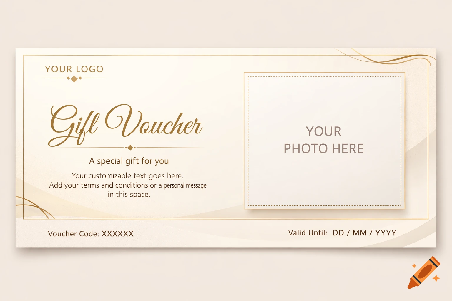 An elegant, luxurious gift voucher template with golden accents, placeholder text, and an empty photo frame.