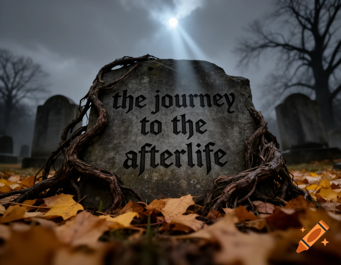 A mossy tombstone with dark roots, inscribed with "the journey to the afterlife", sits amidst autumn leaves in a moonlit graveyard.