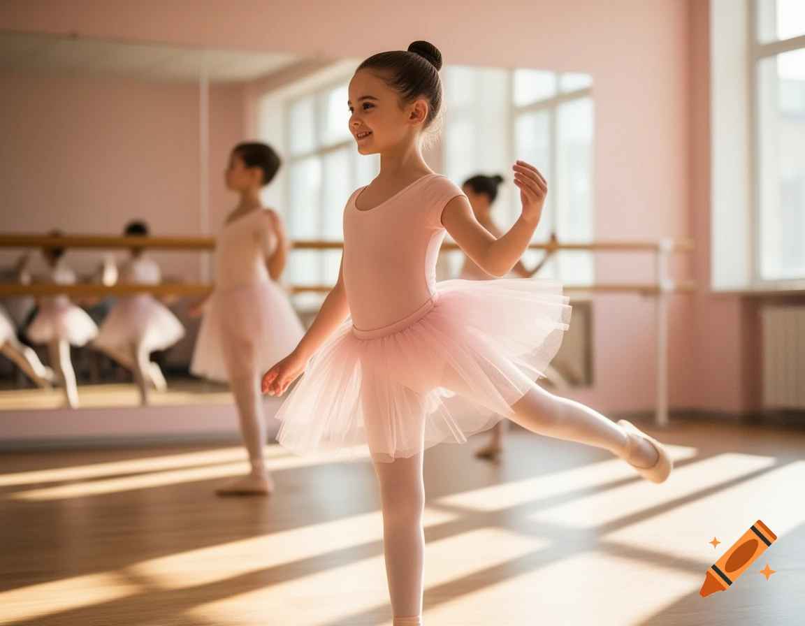 A young girl in a pink leotard and tutu practices ballet in a sunlit studio, reflected in a mirror.