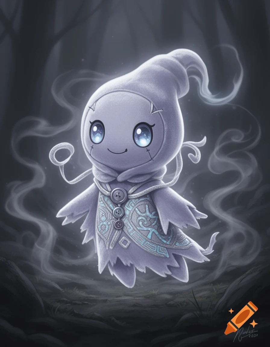 A cute, glowing white ghost-type Pokémon doll with blue eyes and intricate patterns, floating in a dark, misty forest.