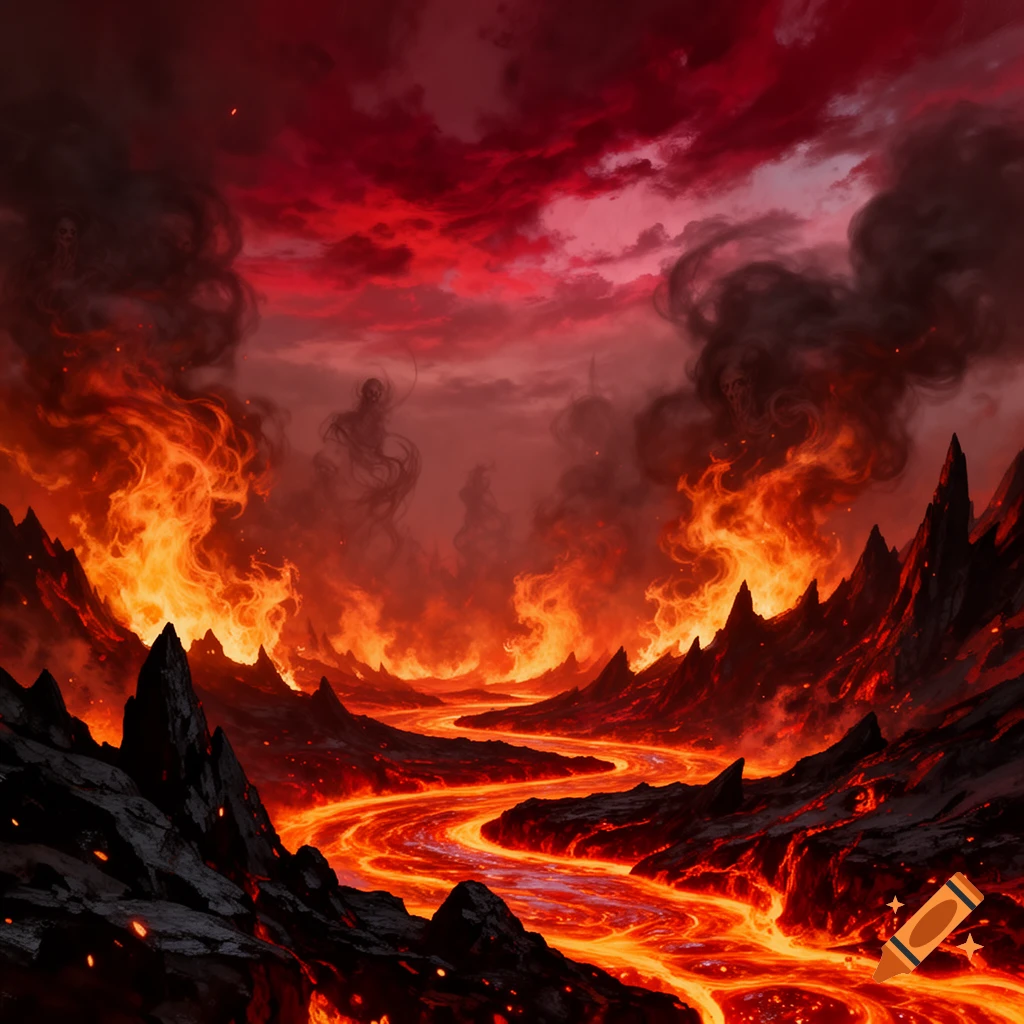 A vibrant, hellish landscape with a river of glowing lava flowing through jagged dark mountains under a dramatic red and black sky.