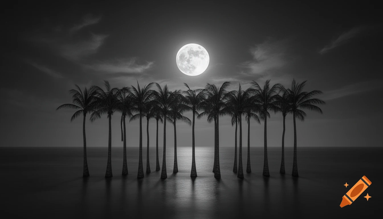Ethereal black and white landscape of palm trees standing in water under a large full moon at night, with its reflection on the water.