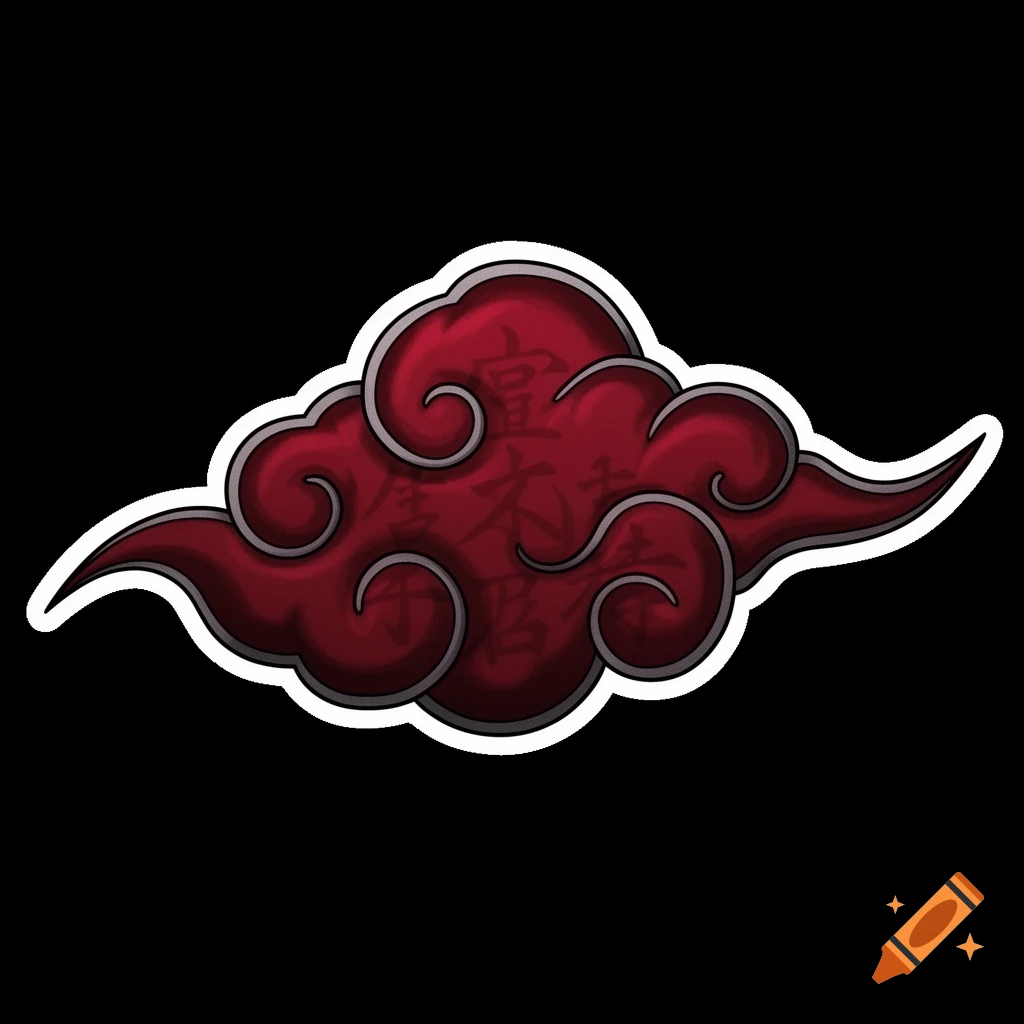A stylized red cloud with a white outline, featuring faint Japanese characters. It resembles the Akatsuki symbol from the anime Naruto.