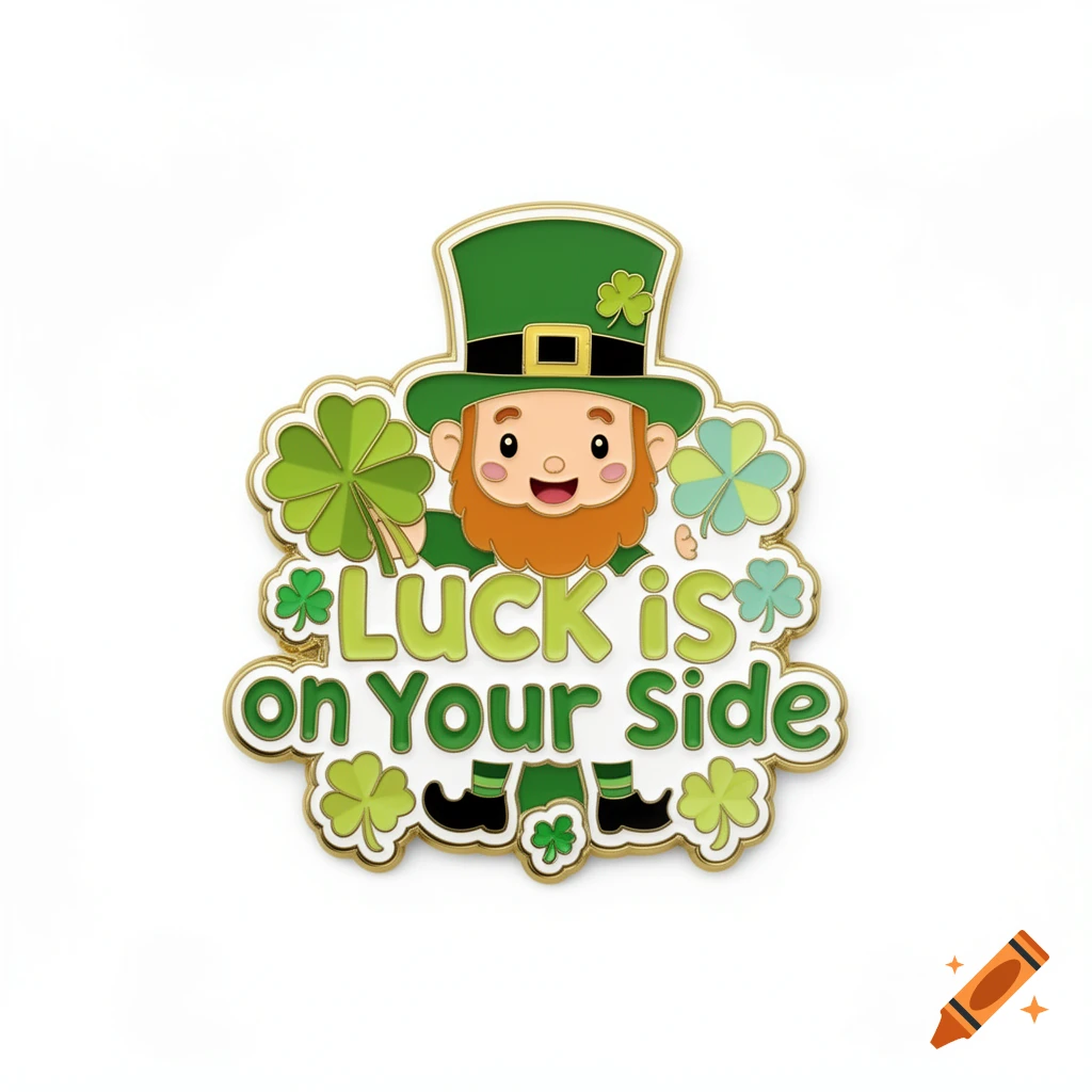 A cartoon St. Patrick's Day pin depicting a leprechaun holding a shamrock with text 'Luck is on Your Side'.