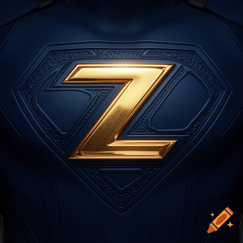 A close-up of a golden, stylized letter Z emblem on a dark blue, textured superhero suit.