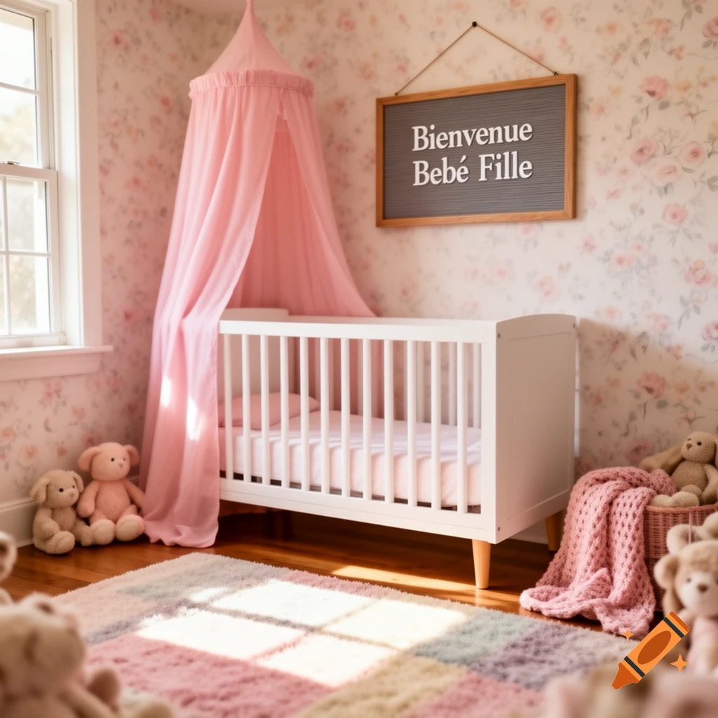 Photorealistic image of a pink and white baby nursery with a crib, canopy, teddy bears, and a 'Bienvenue B éb é Fille' sign.