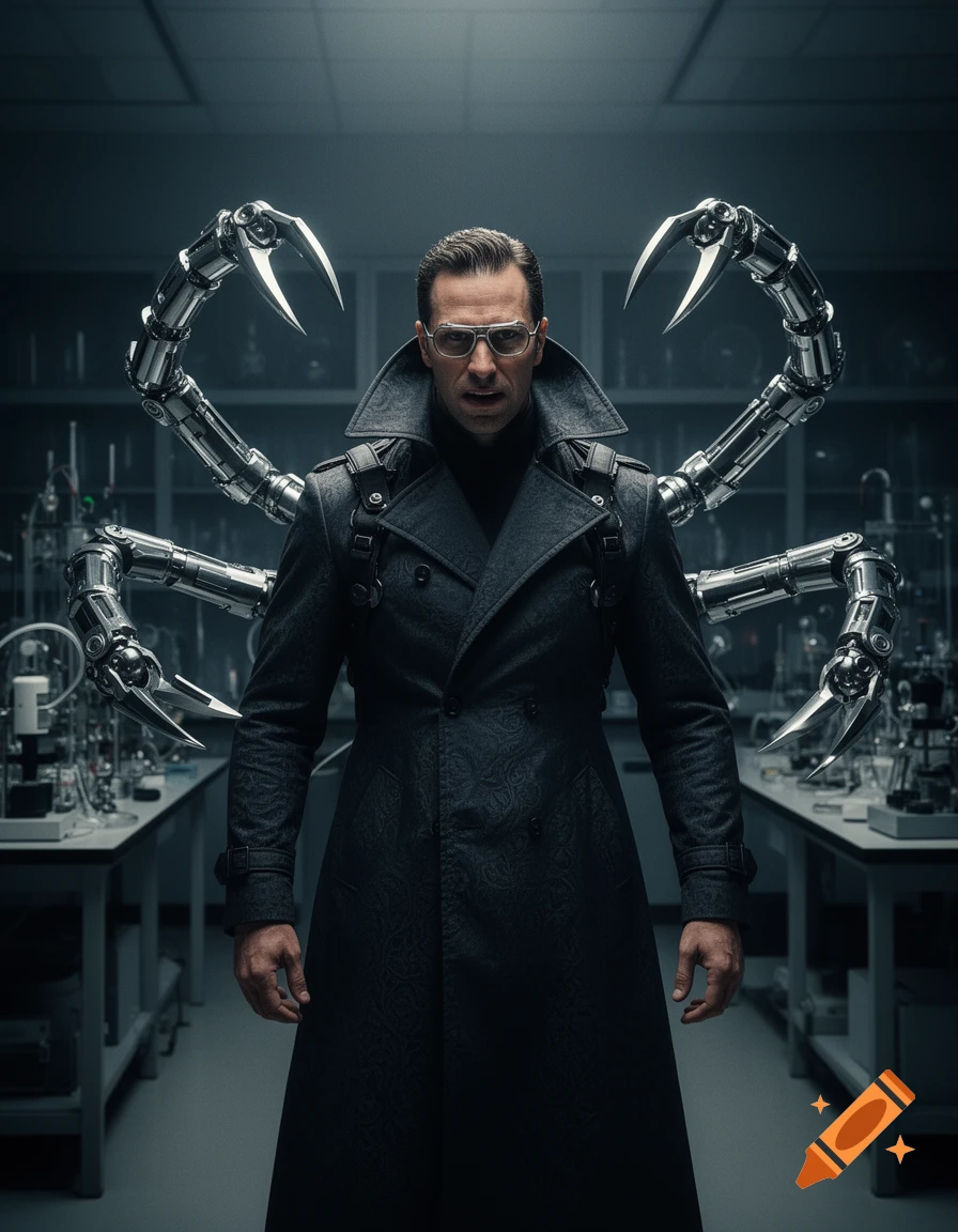 A serious man in a dark trench coat with gleaming mechanical scorpion-like arms stands in a dimly lit lab.