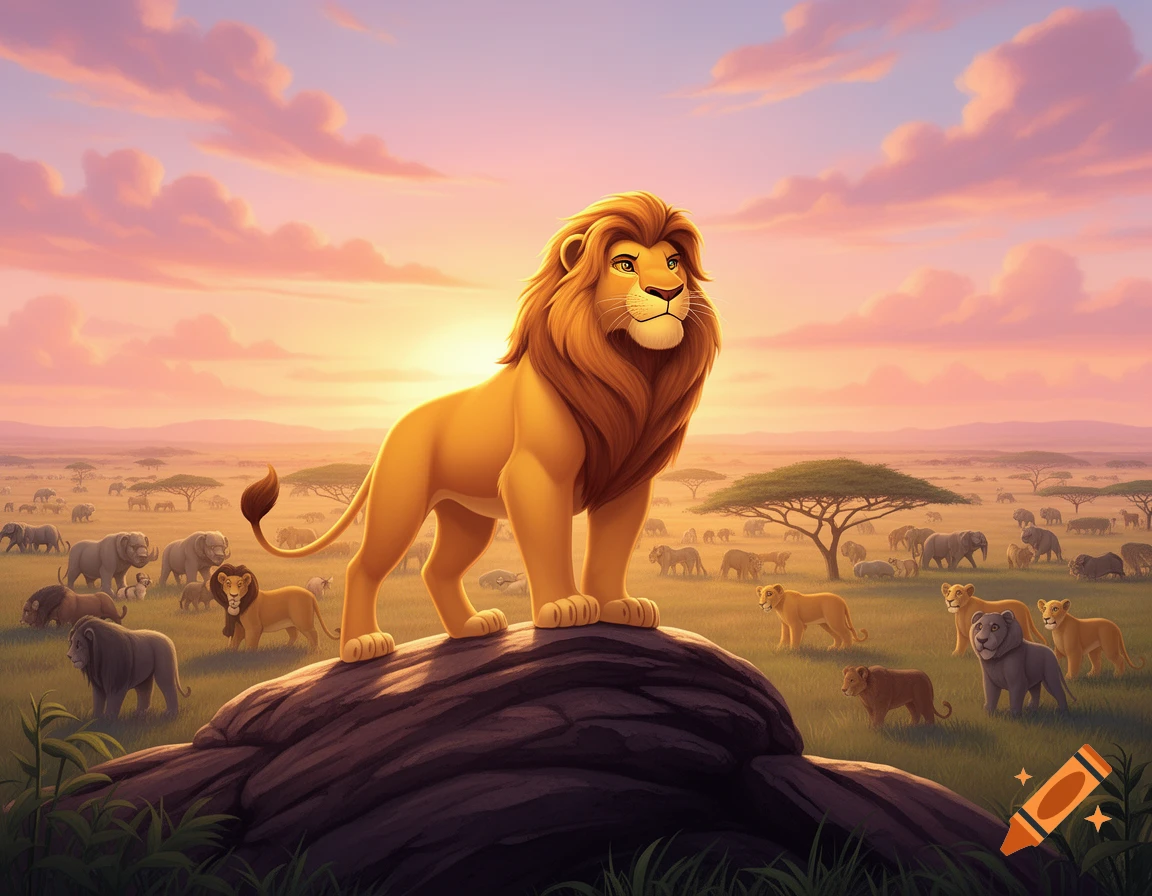 A majestic cartoon lion stands on a rock, overseeing a vibrant savanna filled with elephants and other lions under a sunset sky.