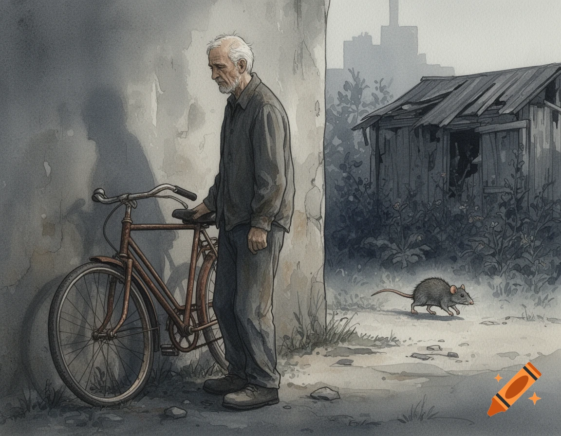 Watercolor painting: An old man stands next to a rusty bicycle by a gray wall, a rat runs past a dilapidated shed in the background.