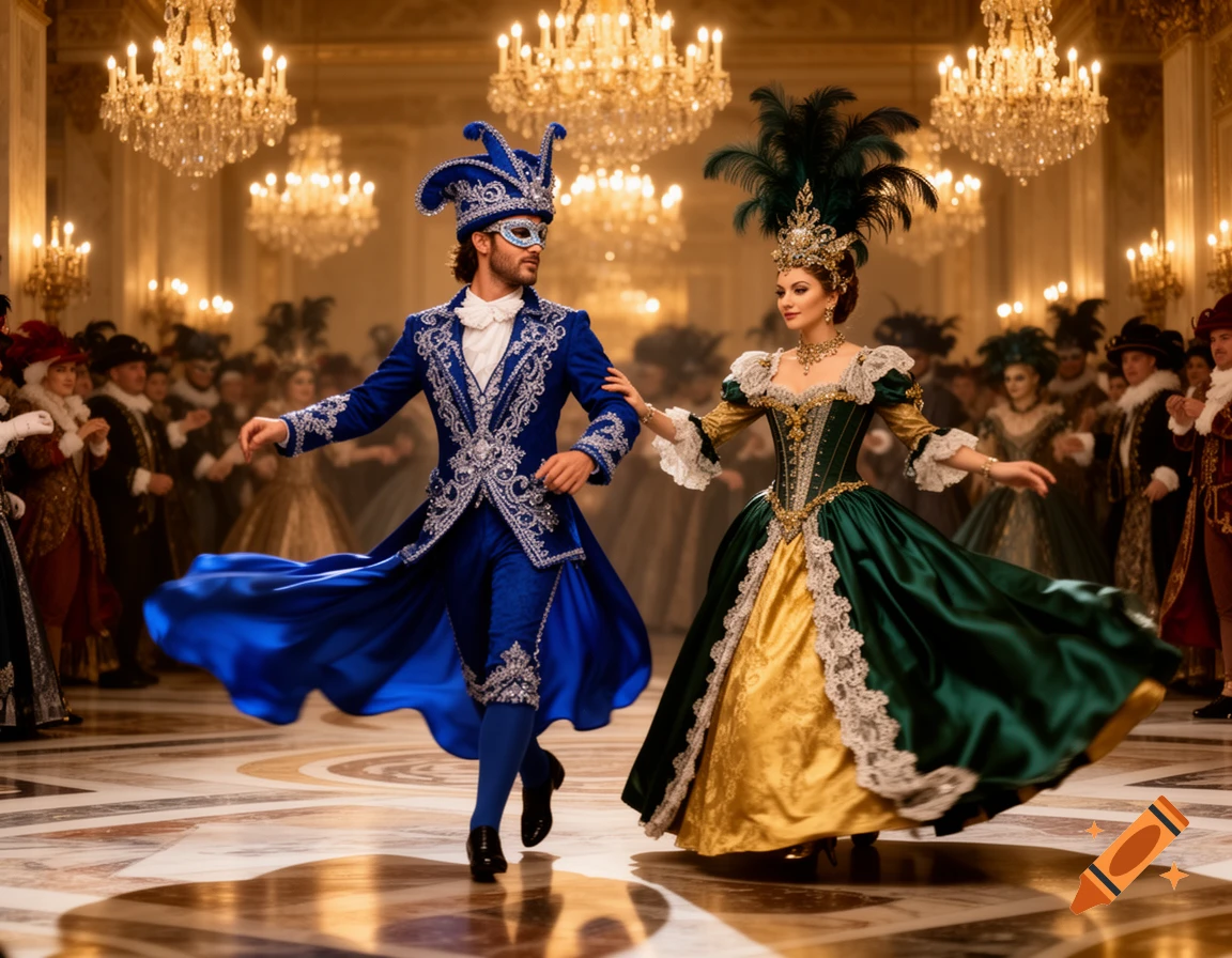 Photorealistic image of a man and woman in elaborate blue and green Venetian carnival costumes dancing in a grand ballroom.