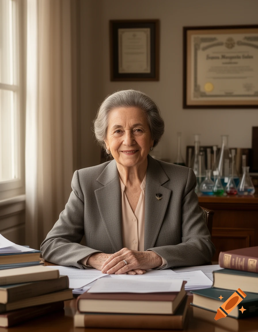 A smiling elderly woman with grey hair in a grey suit sits at a desk with books and lab equipment in a photorealistic style.