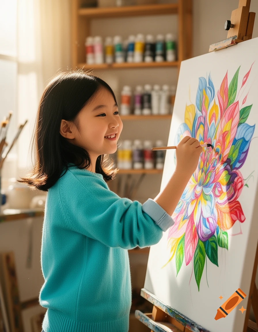 A happy Asian girl painting a colorful flower on a canvas in an art ...