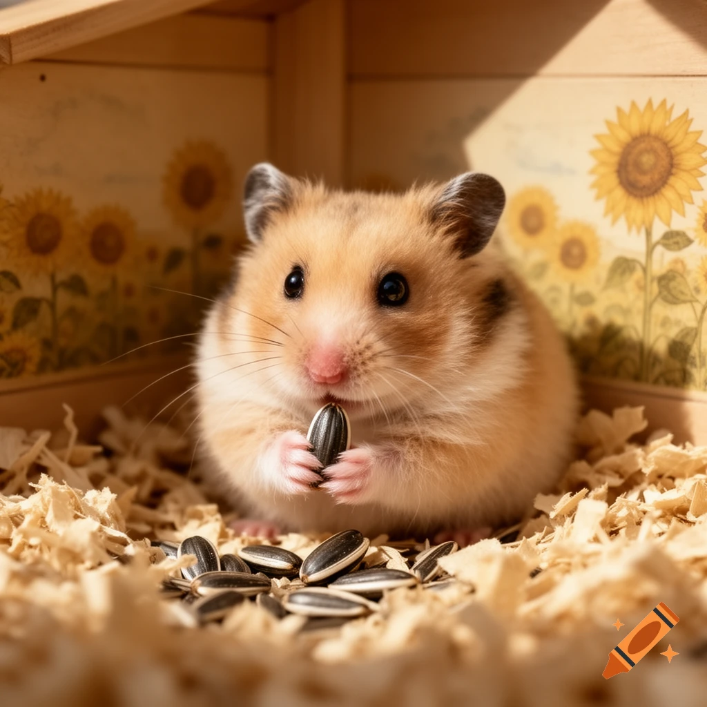 A fluffy hamster holds a sunflower seed in its paws, sitting on wood shavings inside a wooden box with a sunflower-decorated background.