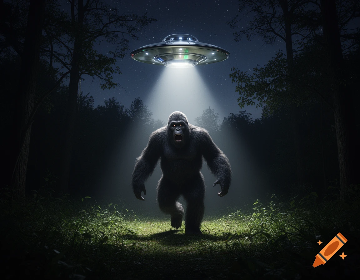 A large, dark, ape-like creature stands frightened in a moonlit forest clearing, illuminated by a beam from a flying saucer.