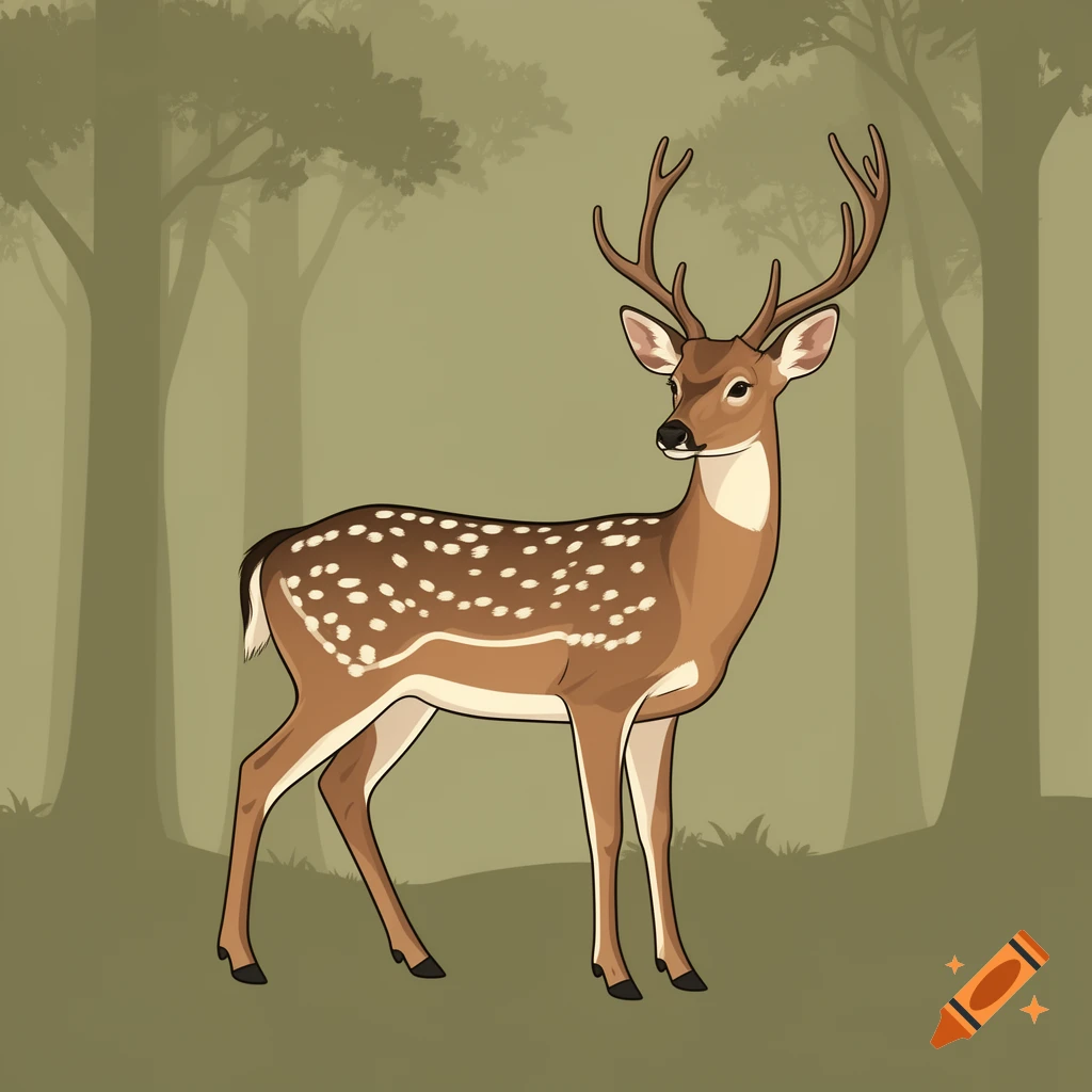 A stylized sika deer with white spots and antlers stands in a muted green forest setting.