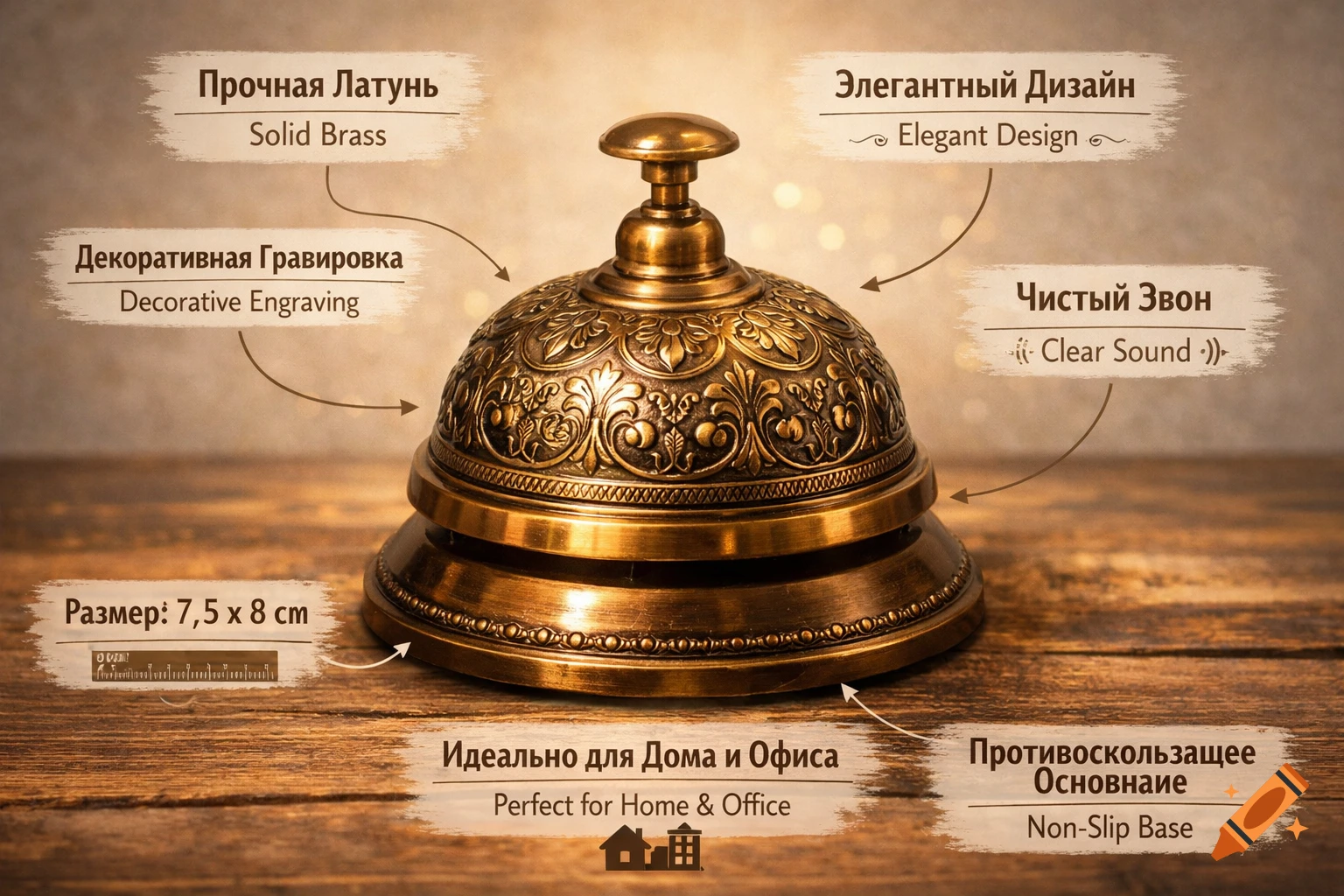 Detailed infographic of an antique brass desk bell on a wooden table, highlighting its features.