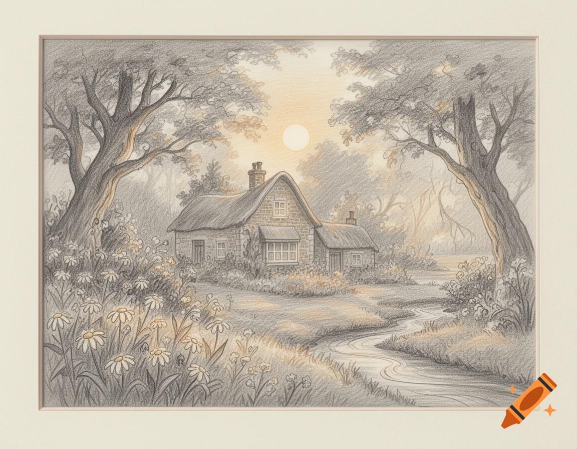 A colored pencil drawing of a quaint cottage by a winding stream, surrounded by trees and wildflowers, under a setting sun.
