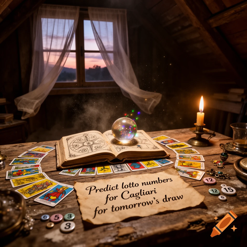 A fortune teller's table in an attic, with a glowing crystal ball, tarot cards, a candle, and a note about lotto numbers.