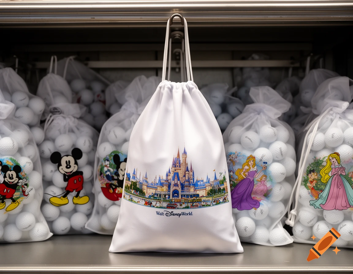 A white drawstring bag featuring Walt Disney World castle artwork, filled with golf balls, hangs on a shelf with other Disney-themed golf ball bags.