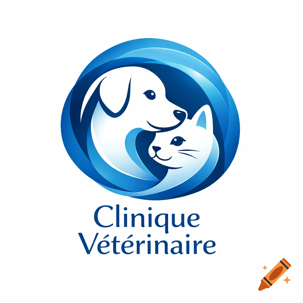 A blue logo for a veterinary clinic, featuring a white dog and cat head intertwined within a swirling blue circle, with 'Clinique Vétérinaire' text below.