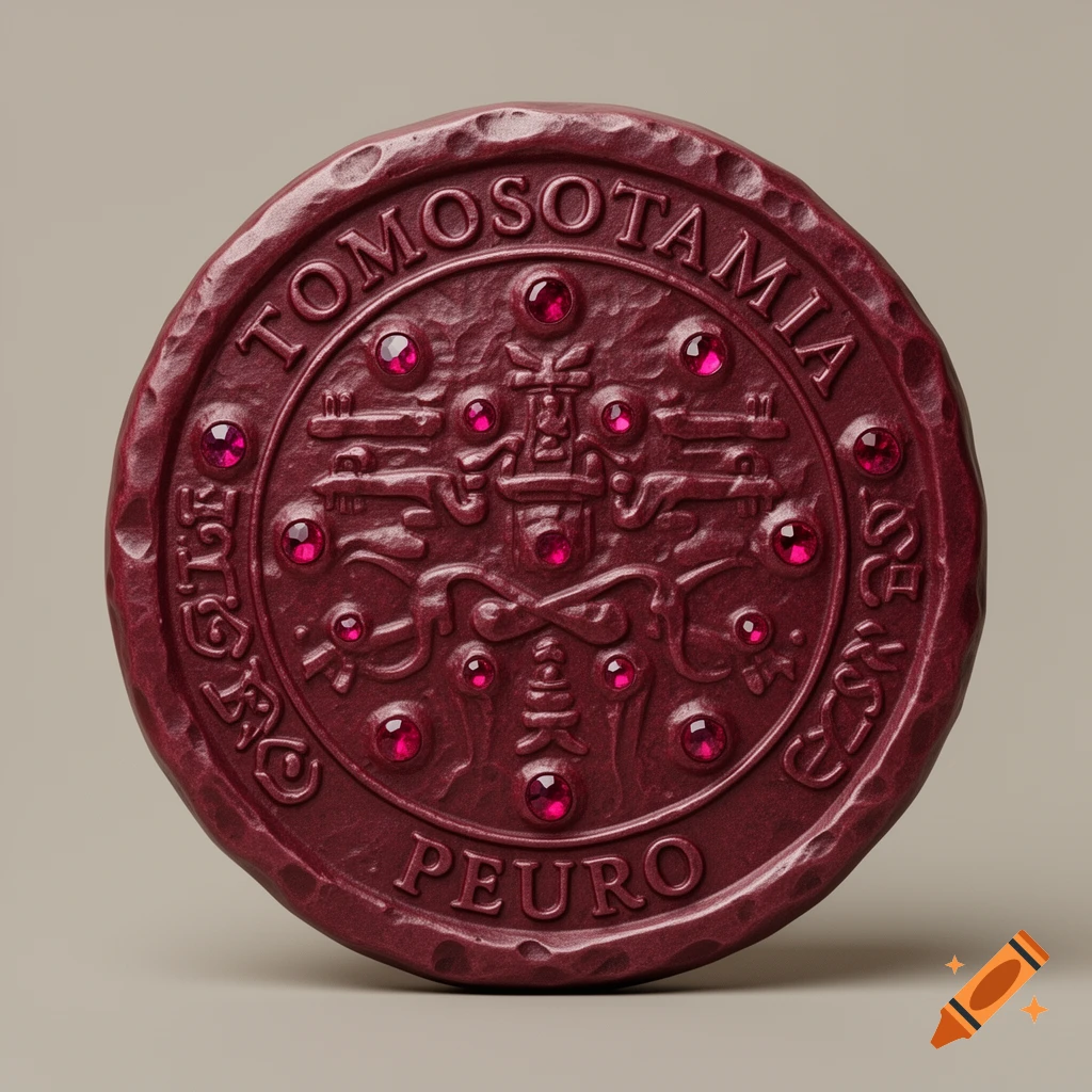 A circular, ruby-red ancient coin or seal with embossed text 'TOMOSOTAMIA' and 'PEURO', adorned with magenta gems.